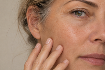 Woman gently touching her cheek to highlight skincare and hydration for mature skin.