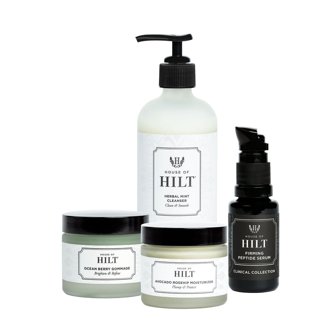 House of Hilt Dehydrated Skincare Herbal Mint Cleanser, Firming Peptide Serum, Ocean Berry Gommage, Avocado Rosehip Moisturizer